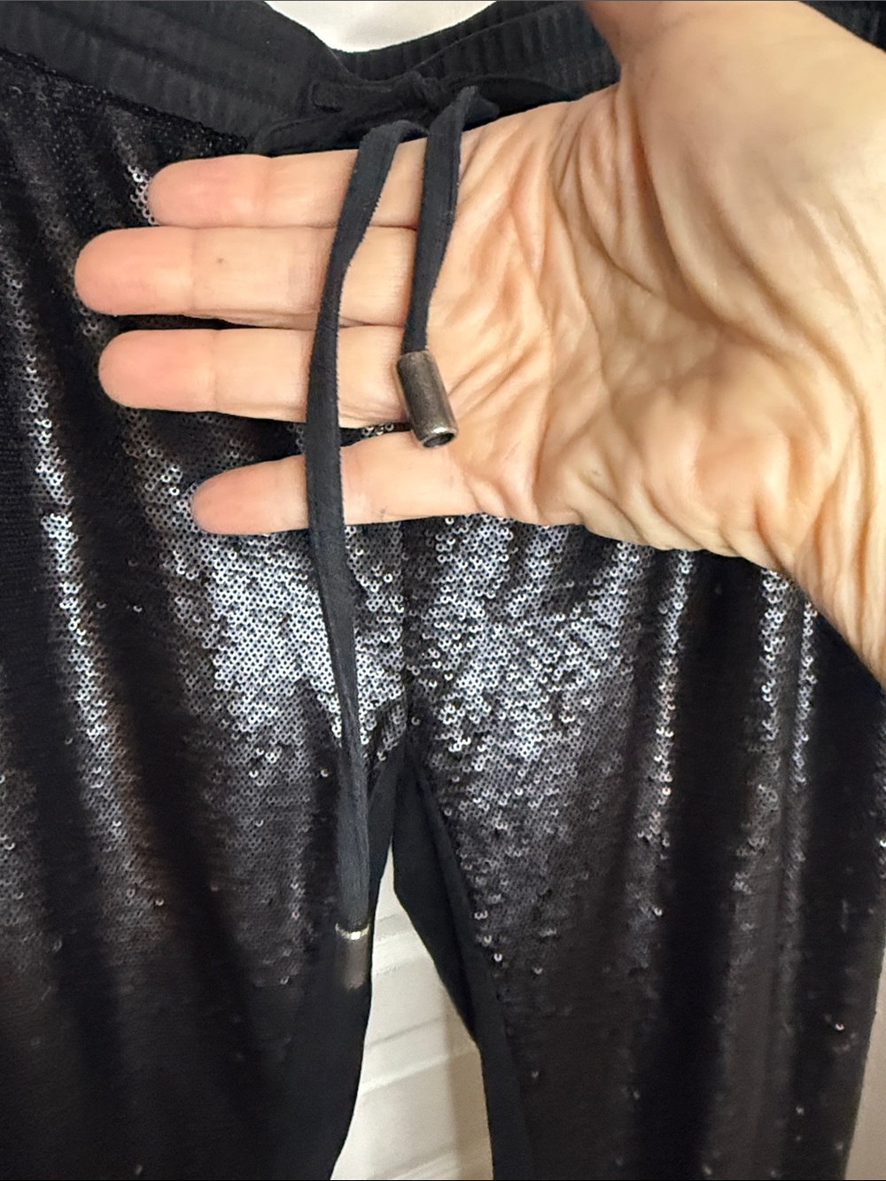 Anthropologie Black Sequin Track Joggers with Drawstring - Picture 10 of 11